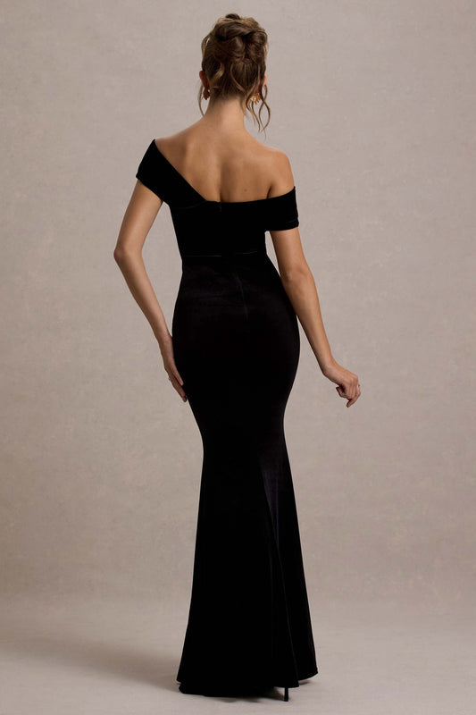 Candela | Vestido largo de Terciopelo negro con Escote Bardot Asimétrico