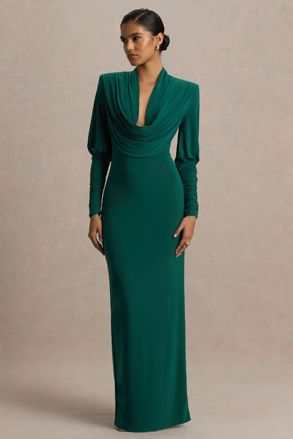 Kaylee | Vestido largo verde botella con mangas largas y escote pronunciado