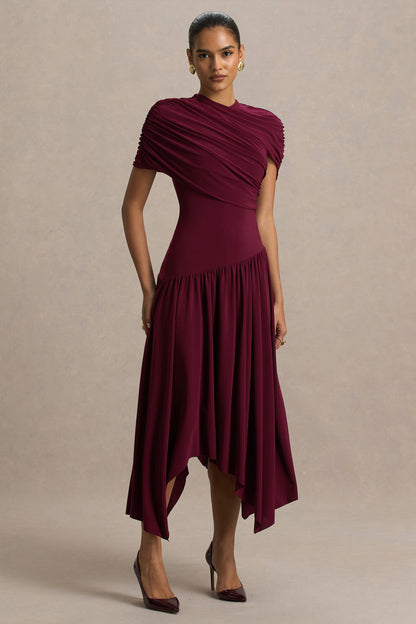 Ione | Vestido Largo Cruzado Burdeos con Dobladillo tipo Pañuelo