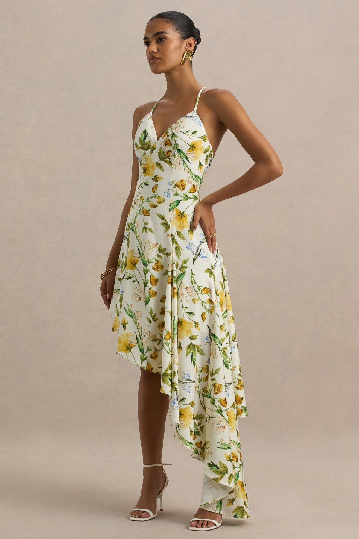 Glint | Vestido largo de Satén con Estampado floral Blanco y Dobladillo Asimétrico