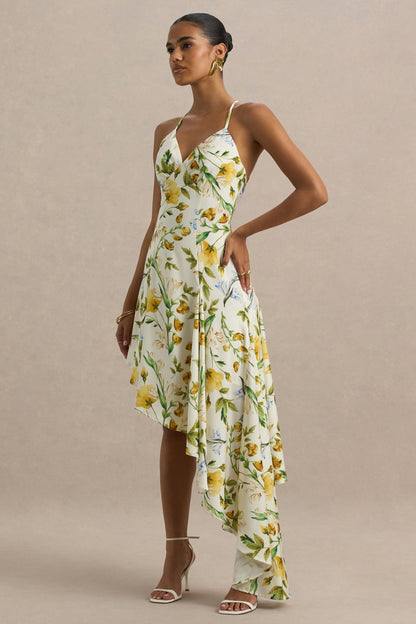 Glint | Vestido largo de Satén con Estampado floral Blanco y Dobladillo Asimétrico