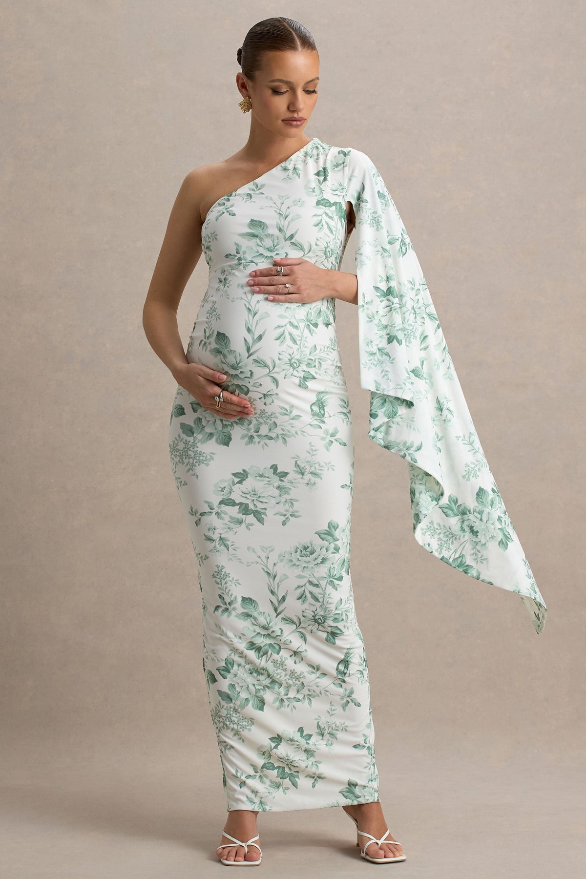 Aliana | Vestido largo premamá con una manga larga y estampado floral verdoso