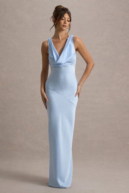 Alesso | Vestido Lencero largo satinado azul cielo con escote drapeado