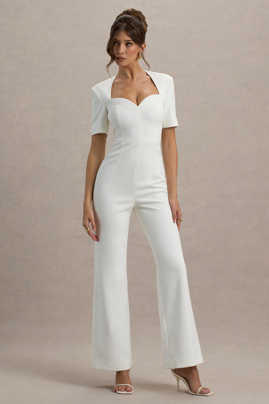 Simone | Mono blanco de escote corazón, mangas cortas y pierna ancha