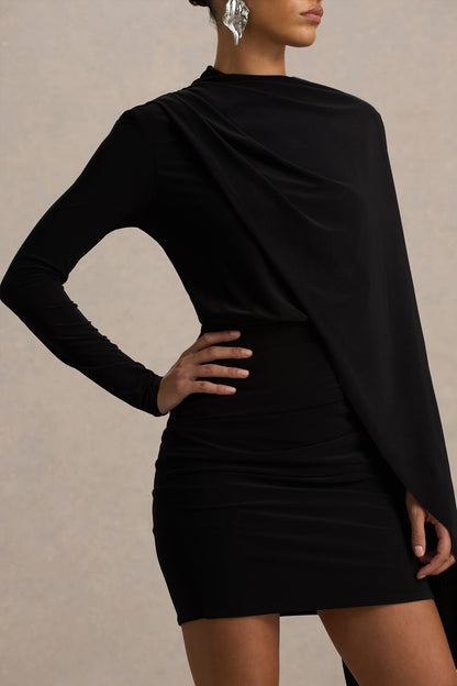 Celeste | Vestido corto Negro de Manga Larga con Capa incorporada