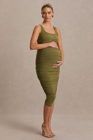 Lisbon | Vestido premamá midi en color oliva con escote cuadrado y fruncidos