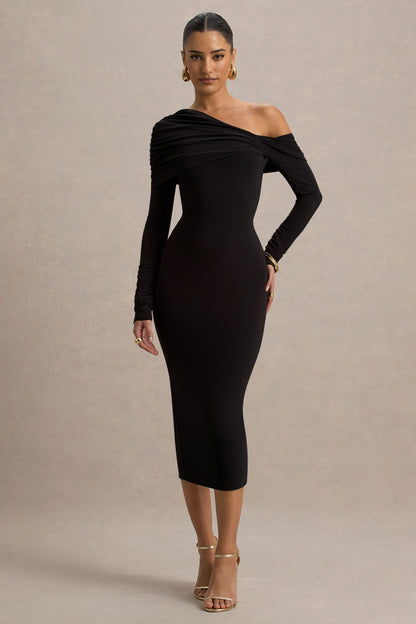 Cleo | Vestido Midi entallado negro con detalle retorcido en el escote y mangas largas