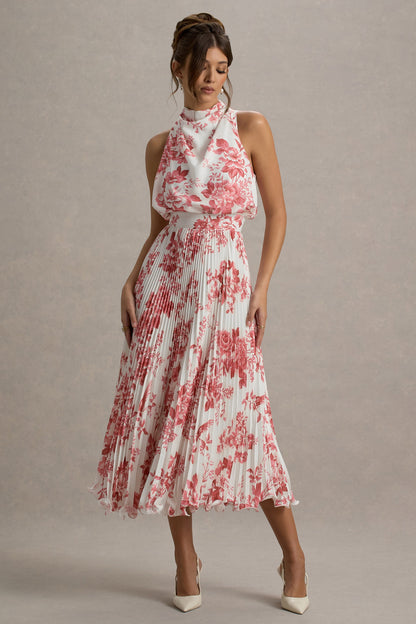 Nila | Vestido midi con estampado floral en colores crema y escote con caída