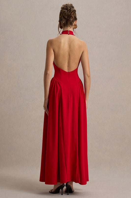 Cynthia | Vestido largo Rojo con Escote Alto y Falda Voluminosa