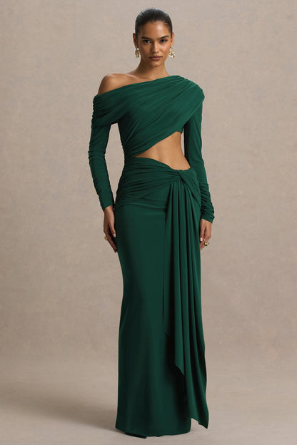 Mikayla | Vestido Largo Verde Oscuro De Escote Asimétrico Con Falda Cruzada Y Recorte
