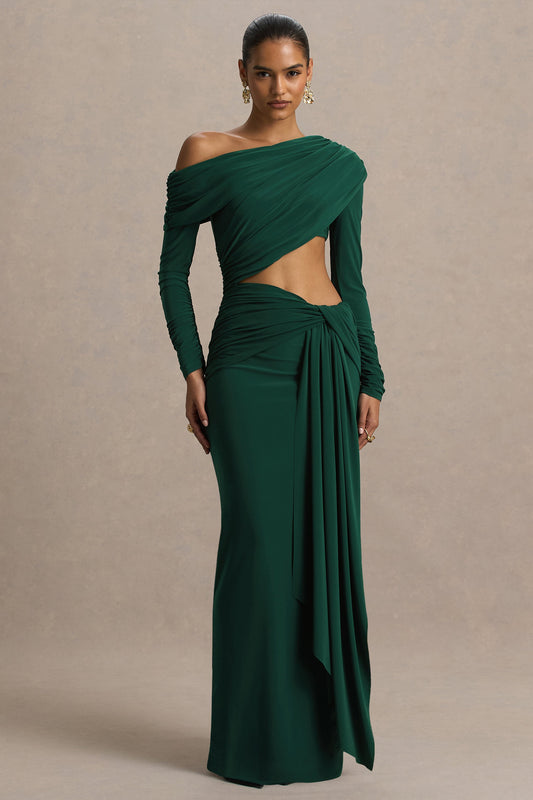 Mikayla | Vestido Largo Verde Oscuro De Escote Asimétrico Con Falda Cruzada Y Recorte