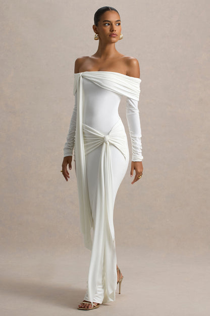 Jovie | Vestido largo blanco entallado con detalles de nudo y drapeado