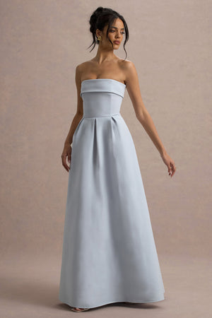 Maddalena | Vestido largo en azul empolvado con falda plisada