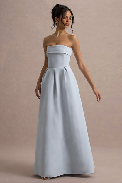 Maddalena | Vestido largo en azul empolvado con falda plisada