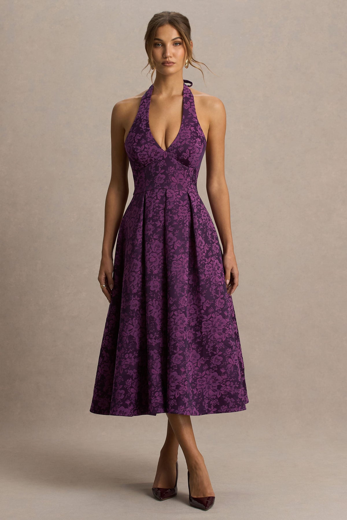 Isabeau | Vestido Midi Morado de Satén con Escote Pronunciado