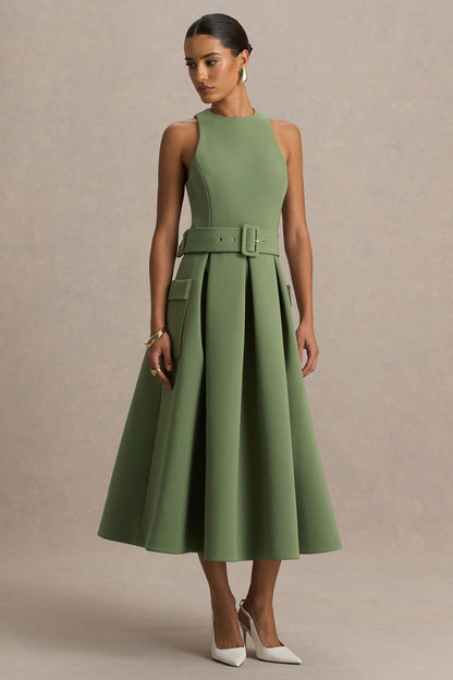 Elisia | Vestido Midi Verde Oliva con Escote Redondo y Cinturón