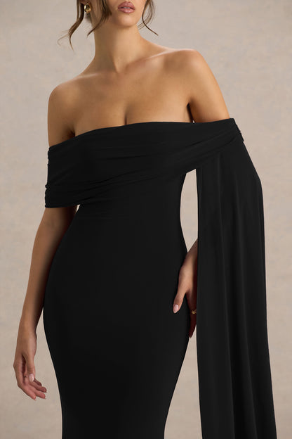 Saffina | Vestido Largo Negro con Escote Bardot y Detalle de Fajín