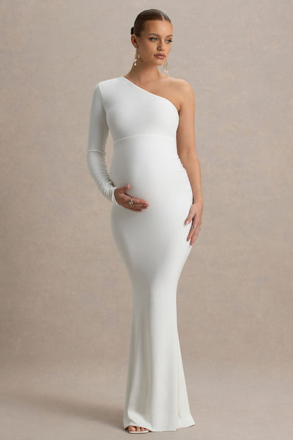 Heloise | Vestido largo de premamá en Blanco Asimétrico de Una Manga