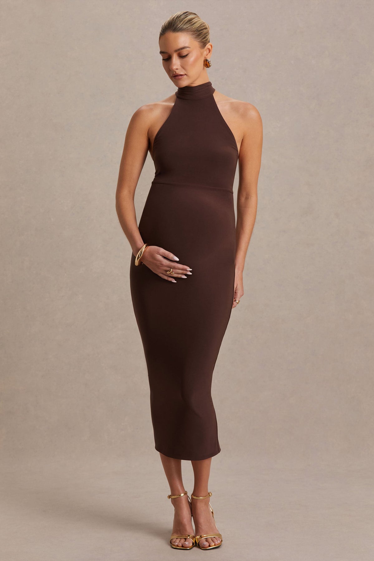 Mireille | Vestido Midi Premamá Marrón con Escote Halter