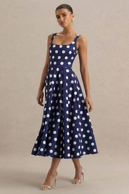 Berta | Vestido midi azul marino con lunares balanco y falda con volumen