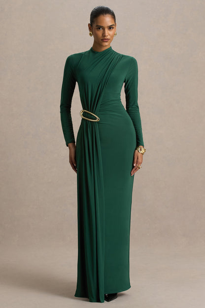 Zadie | Vestido Largo verde azulado de cuello alto con detalle fruncido