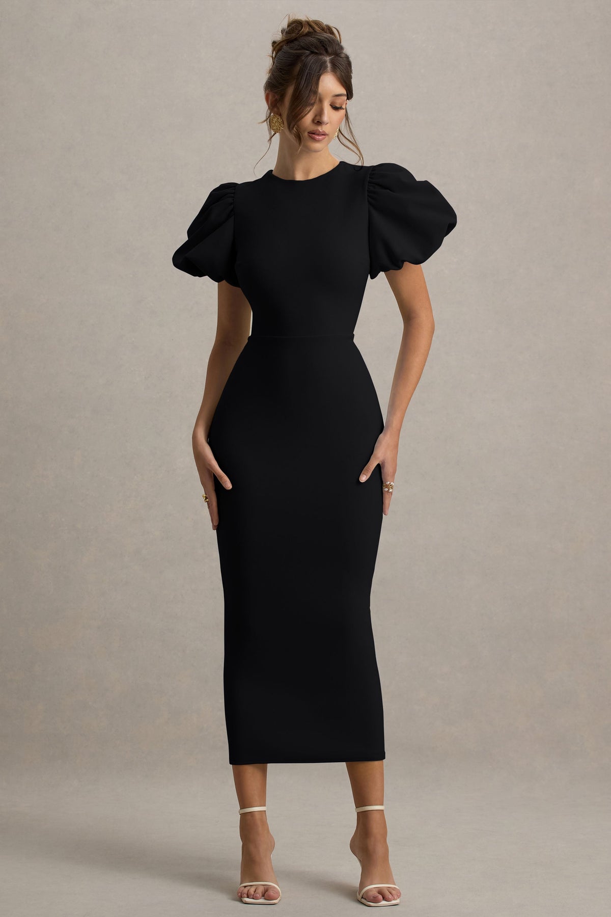 Dakota |  Vestido midi negro con mangas abullonadas