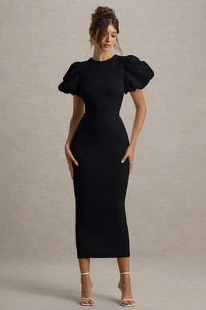 Dakota |  Vestido midi negro con mangas abullonadas