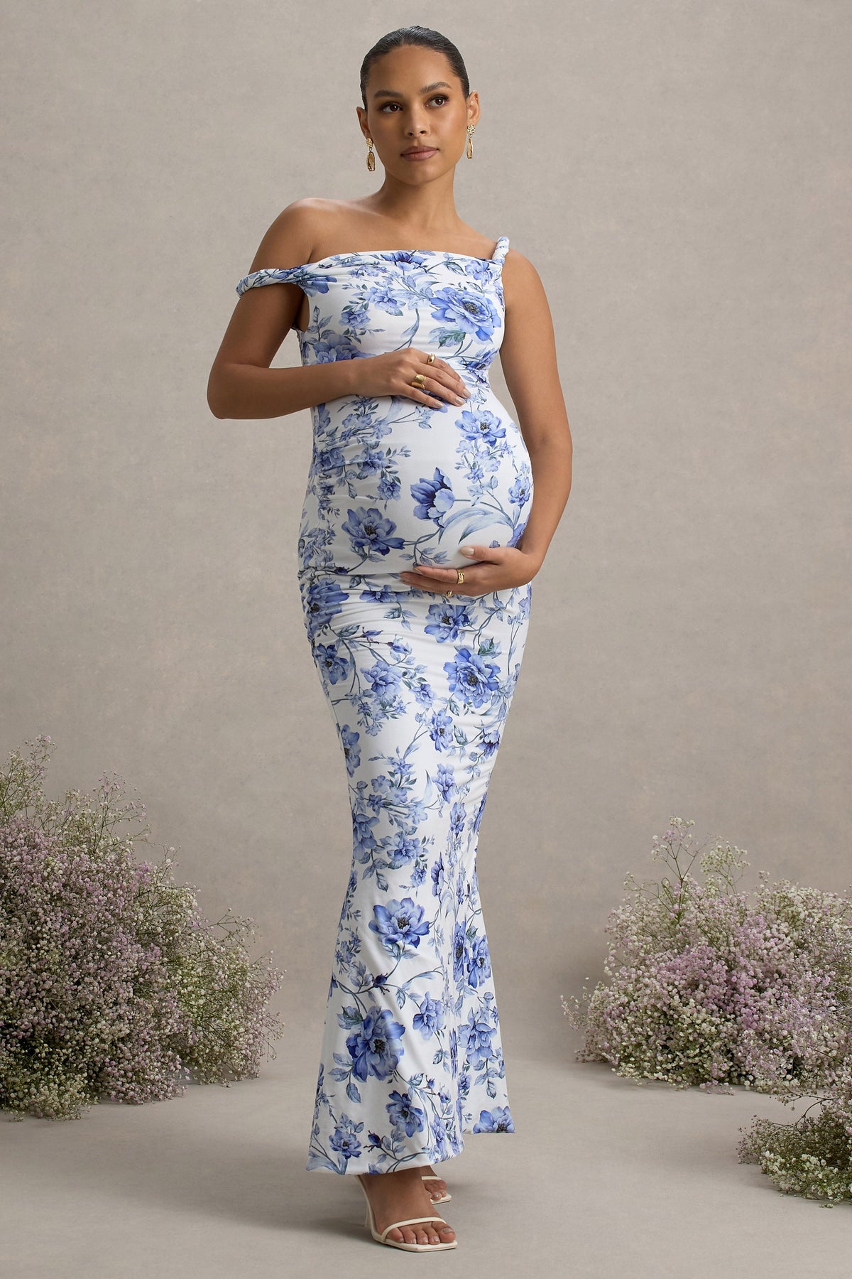 Lita | Vestido largo de Maternidad Floral Azul con Escote Asimétrico Torcido