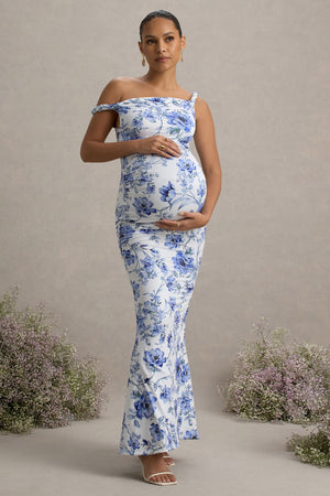 Lita | Vestido largo de Maternidad Floral Azul con Escote Asimétrico Torcido