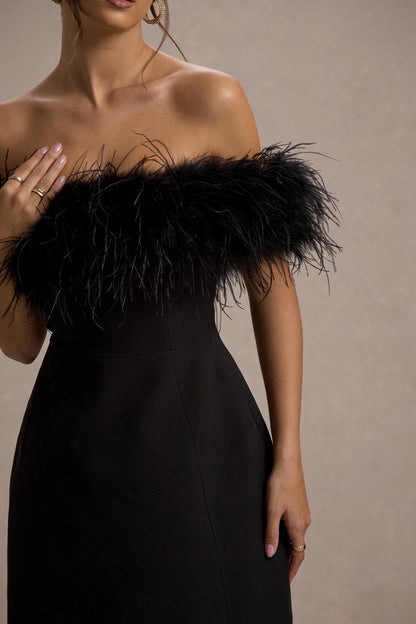Palace | Vestido negro corto con escote bardot y ribete de plumas