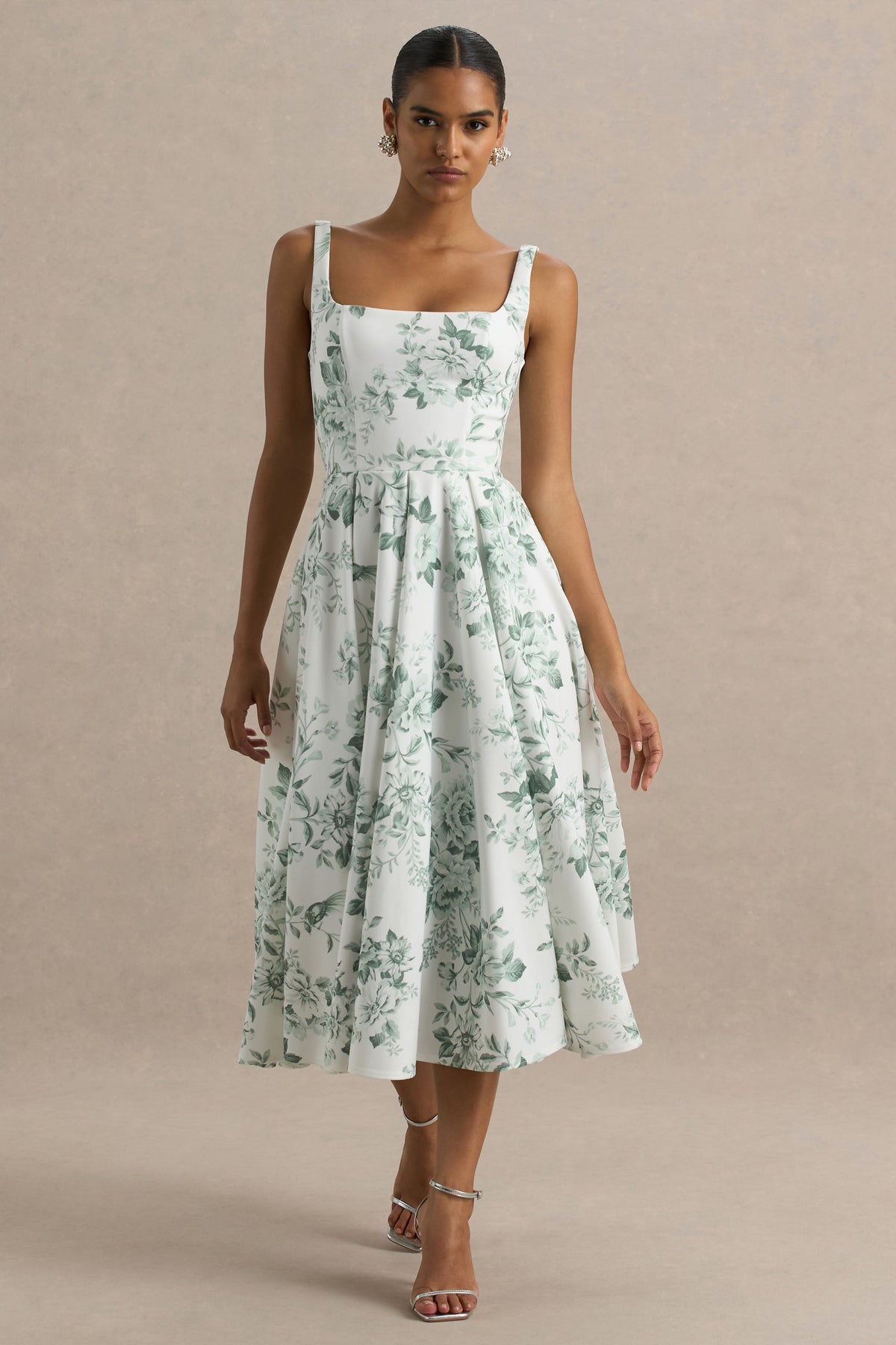 Lissa | Vestido Midi con Escote Cuadrado y Estampado Verde floral