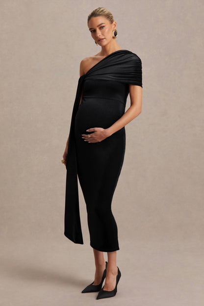 Zena | Vestido Midi Premamá de Terciopelo Negro con Escote Asimétrico y Detalle de Nudo y Fajín