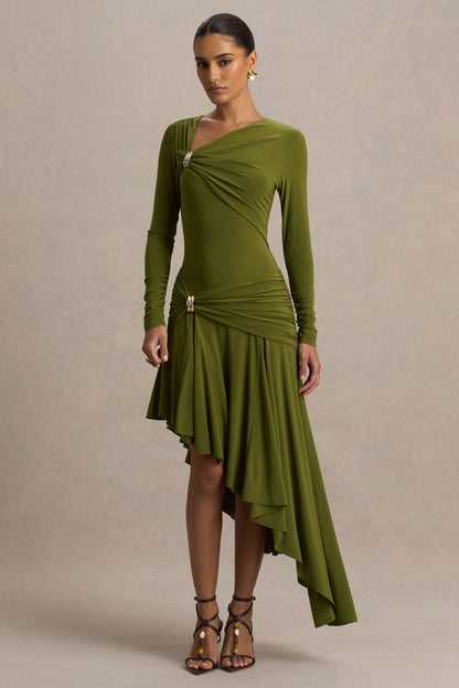 Alexia | Vestido Largo Verde De Escote Asimétrico Con Apliques y Detalle Fruncido