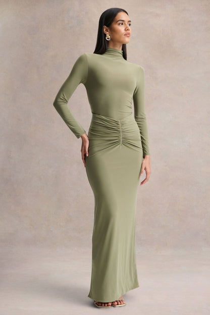 Persis | Vestido Largo Verde Oliva de Cuello Alto con Detalles Fruncidos