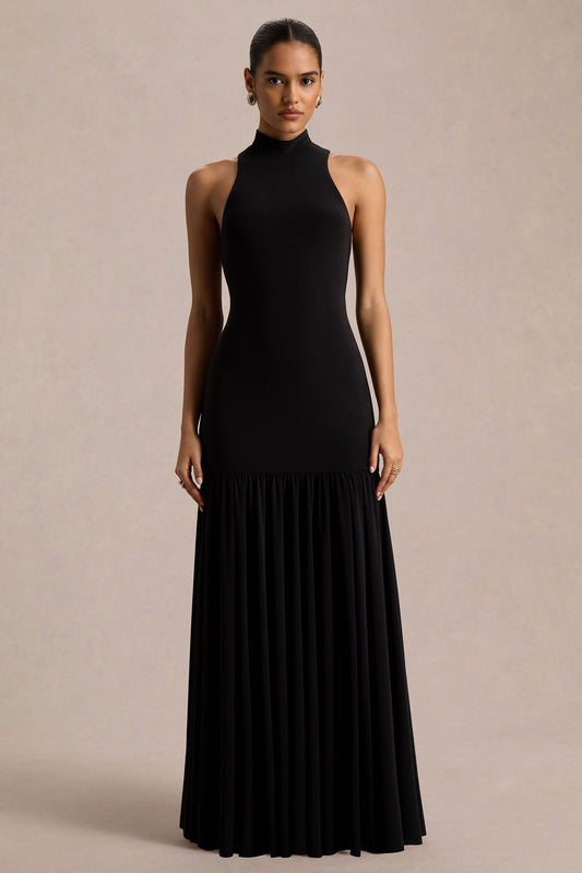 Tasmin | Vestido Largo Negro de Cuello Alto con Cintura Baja