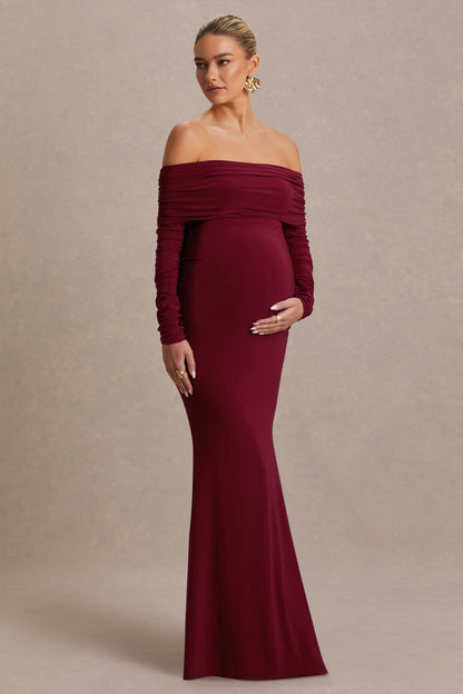 Odessa | Vestido Largo Premamá Color Baya con Escote Bardot