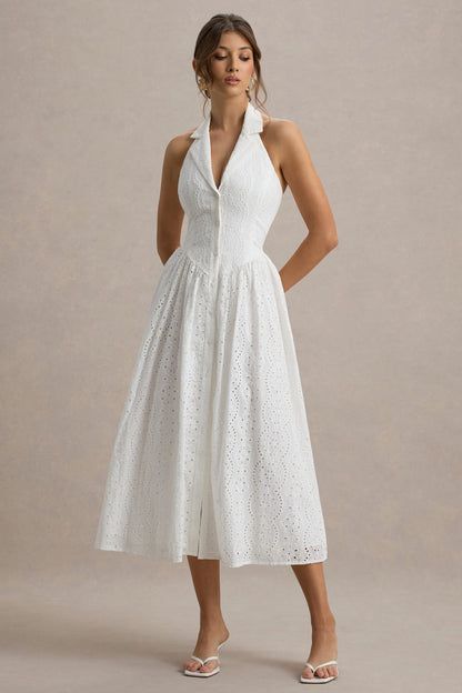 Jezebel | Vestido midi bordado blanco con escote halter
