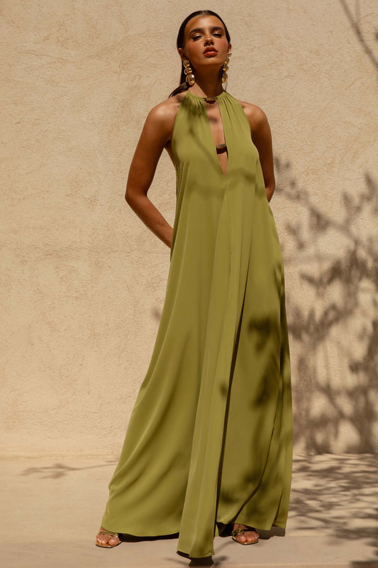 Zyon | Vestido largo con detalle de cuentas doradas en verde