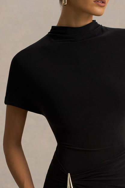 Arlena | Vestido Largo Negro con Escote Alto y Detalle Envolvente