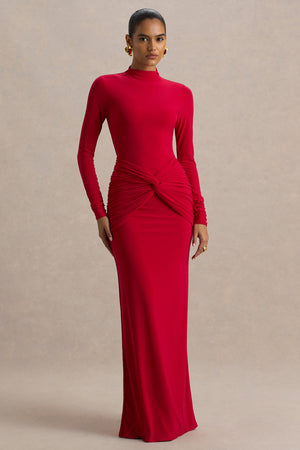 Alula | Vestido Rojo Largo con Cuello Alto y Detalle de Giro en el centro