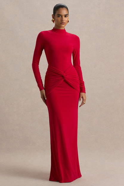 Alula | Vestido Rojo Largo con Cuello Alto y Detalle de Giro en el centro