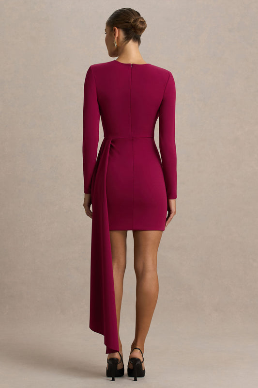 Zaya | Vestido Corto Burdeos de Manga Larga con Detalle Drapeado