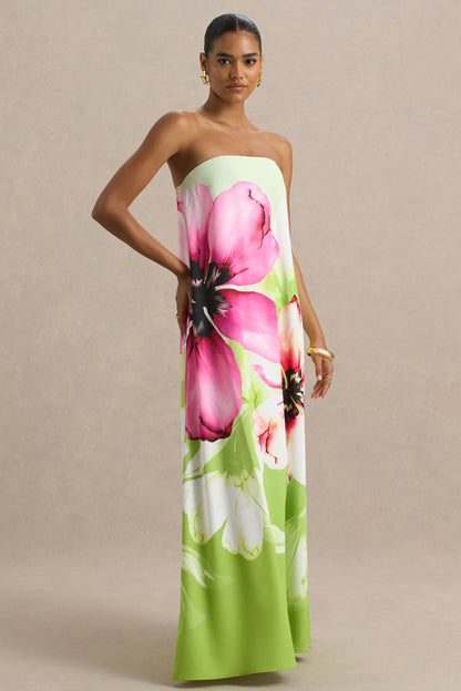 Ellery | Vestido largo estilo bandeau con estampado floral en color lima.