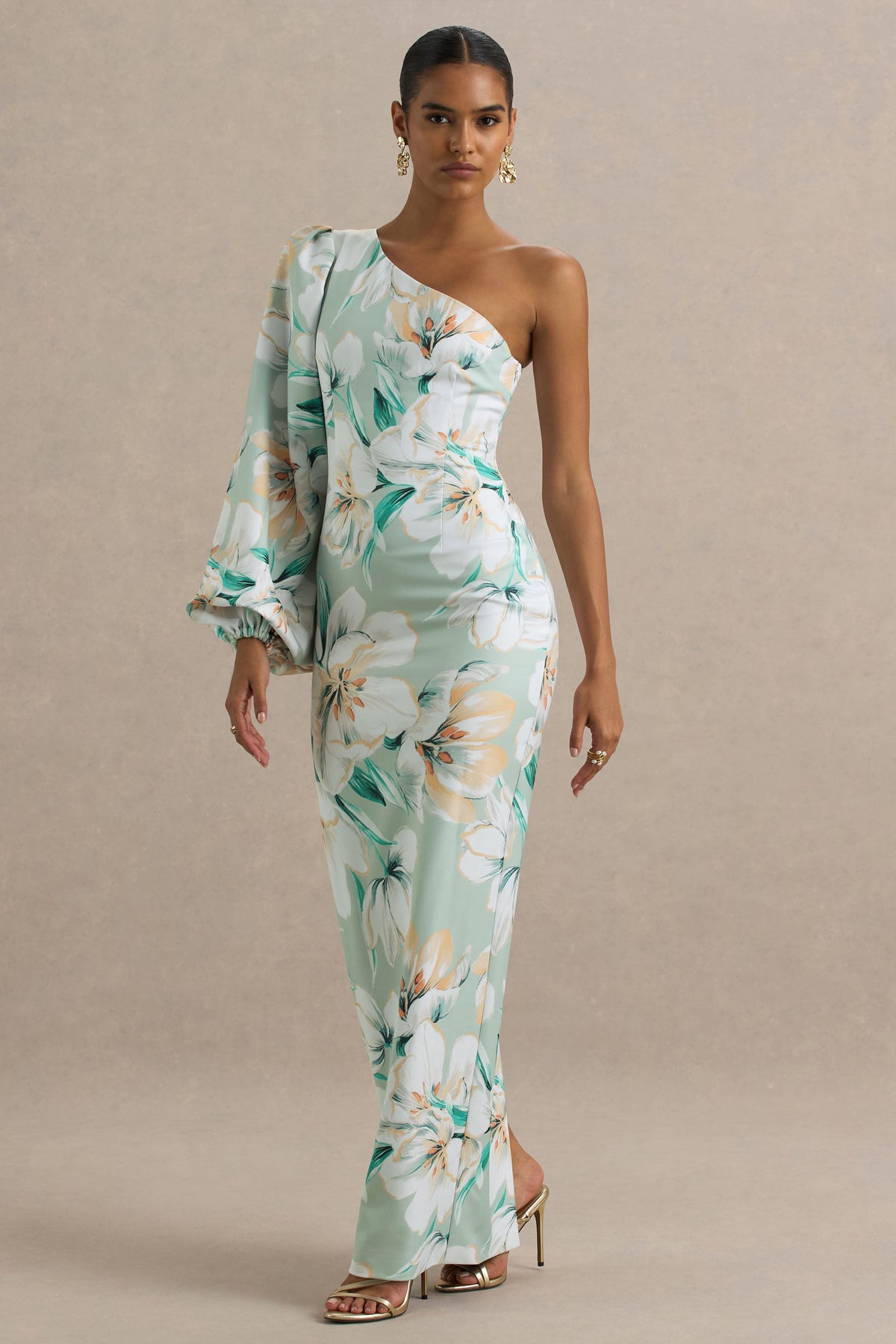 Kellis | Vestido largo Asimétrico con Manga Abullonada en Estampado Floral Verde