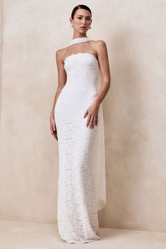Massima | Vestido Largo Blanco De Encaje Premium Con Escote Bandeau [not translated] Y Detalle Pañuelo