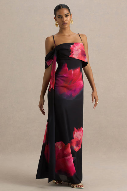 Leonara | Vestido largo con detalle de flor rojizas y una manga drapeada