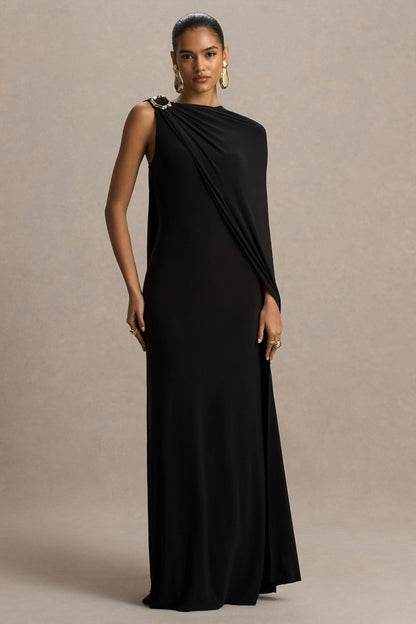 Cressida | Vestido Largo negro con escote asimétrico y manga tipo capa