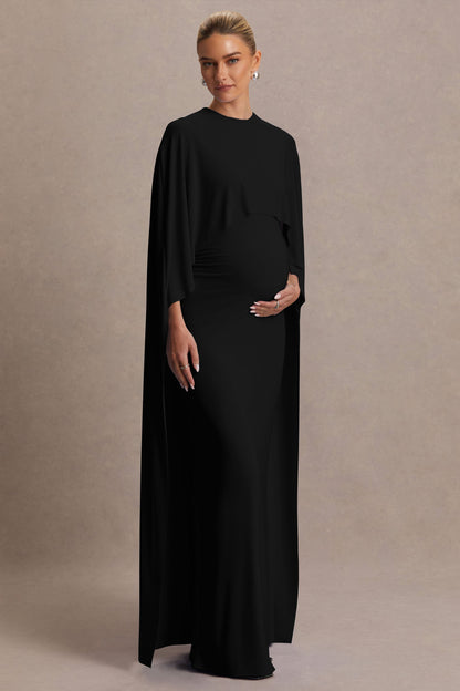 Padma | Vestido Largo Premamá Negro Drapeado con Mangas Capa