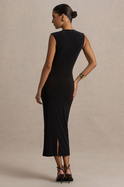 Harlow | Vestido midi negro con escote alto y falda cruzada