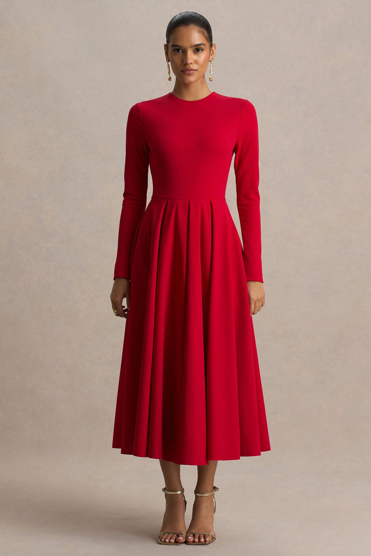 Bellamy | Vestido Midi Rojo con Escote Redondo y Mangas Largas